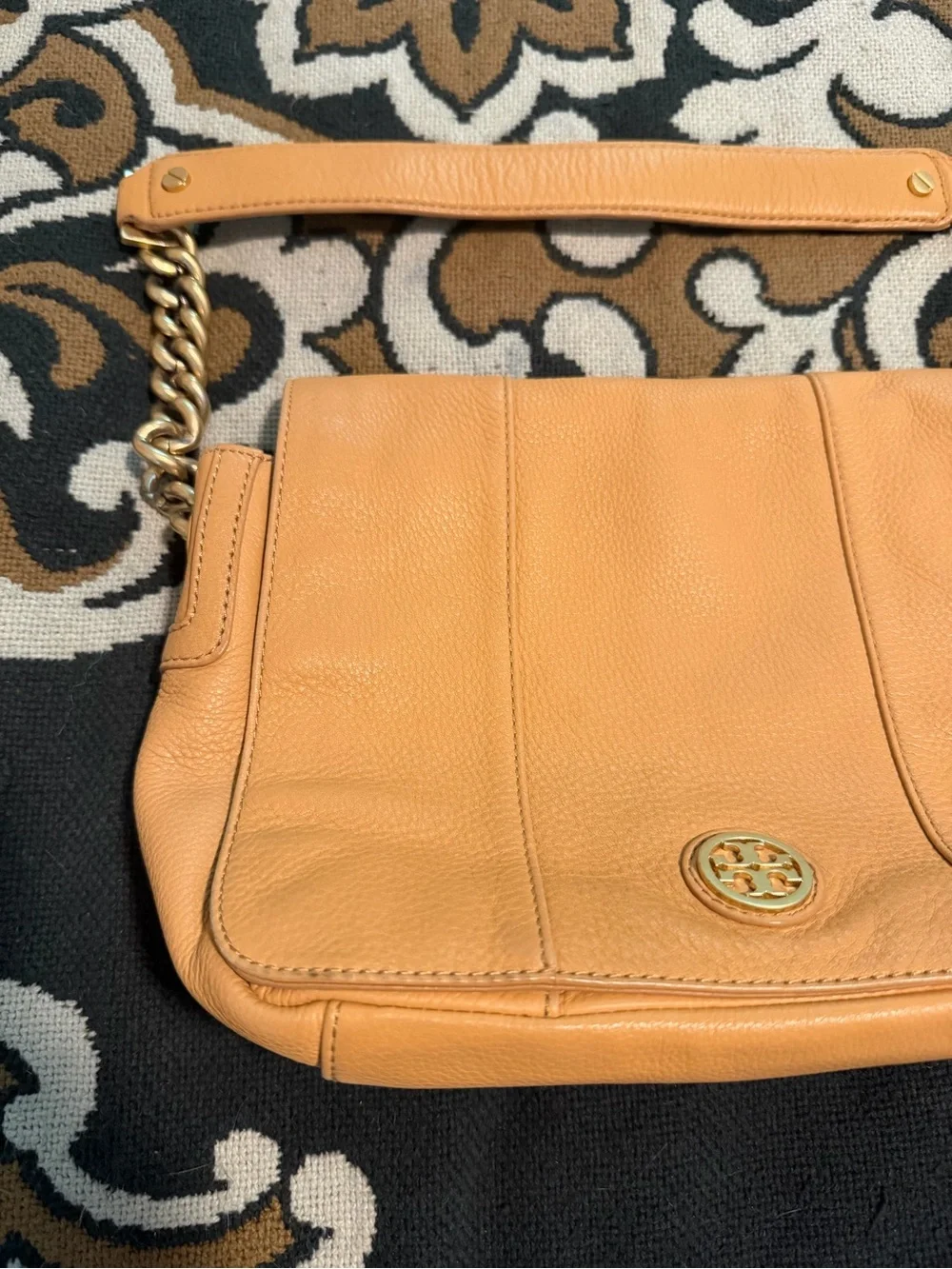 Tory Burch Camel/Tan Pebbled Leather Shoulder Bag with Gold Chain